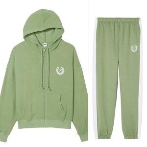 VS PINK Wild Grass Green 3 Piece set with TEE, ZIP UP SWEATSHIRT, & SWEATPANTS
